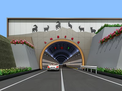 Scenic Road Tunnel Entrance Featuring Animal Statues Side Flower Beds And Vehicles 3d model