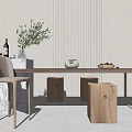 Modern Dining Table Set With Wooden Chair Stools Marble Base And Decorative Items 3d model