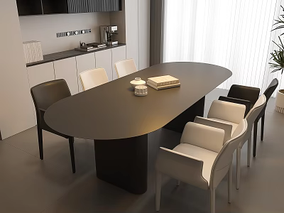 Modern Oval Black Dining Table With White And Black Chairs In Minimalist Interior Design 3d model