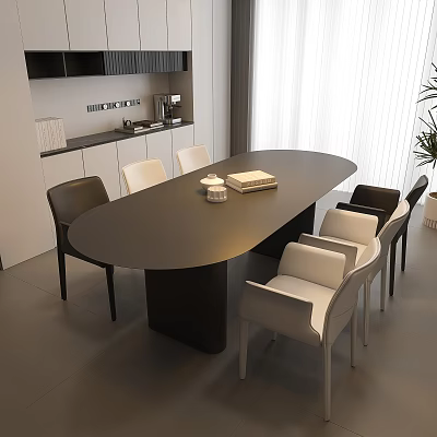 Modern Oval Black Dining Table With White And Black Chairs In Minimalist Interior Design 3d model
