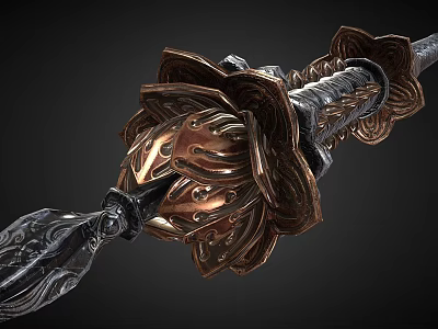 Man Wielding Decorative Metal Weapon With Intricate Lotus Shaped Ornament 3d model
