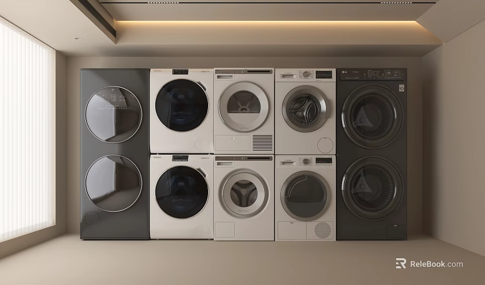 Various Washing Machines Featuring Different Designs And Colors Arranged In 3d model 