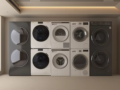 Various Washing Machines Featuring Different Designs And Colors Arranged In 3d model