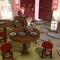 Cartoon Chinese Building Scene with Green Roof Red Door Lanterns Bamboo Cart and Stone Tables