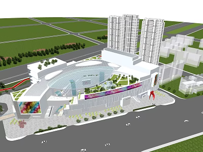 Modern Commercial Complex With Tall Towers Glass Facade Green Areas And Roads 3d model