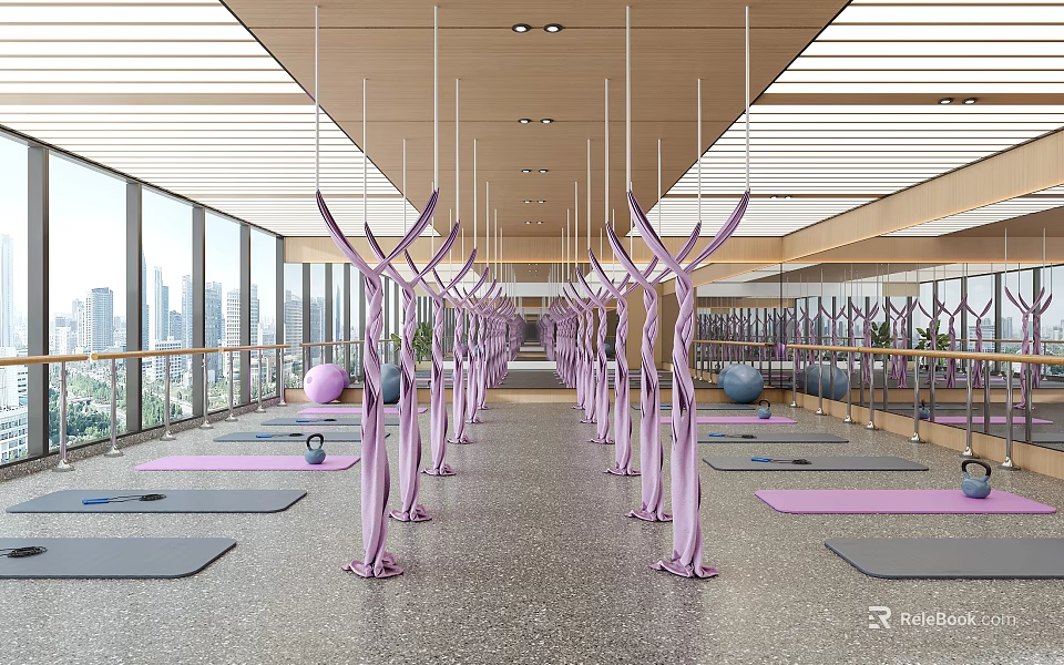 Yoga Studio With Mats Aerial Hammocks And Urban View 3d model 