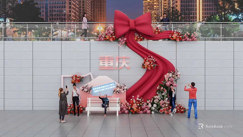 Chongqing Photo Check-in Spot with Giant Red Bow and Flower Decorations Urban Night View 3d model 