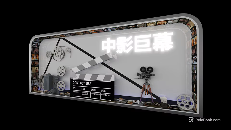Cinema Themed Window Display With Film Reel Clapperboard And Movie Projector 3d model 