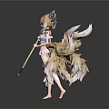 Anime Style Fox Ears Character With Multiple Tails In Bikini Holding Decorative Staff