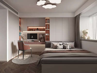 Modern Tatami Bedroom Interior Design With Storage Cabinets Desk Window And Soft Rug 3d model