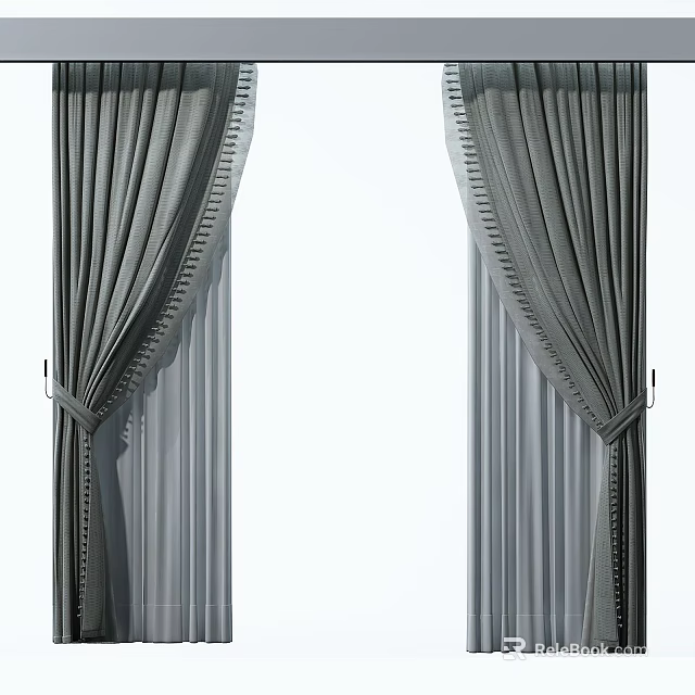 Elegant Gray Layered Curtains With Sheer Inner Layer And Decorative Trim Tied Sides 3d model 