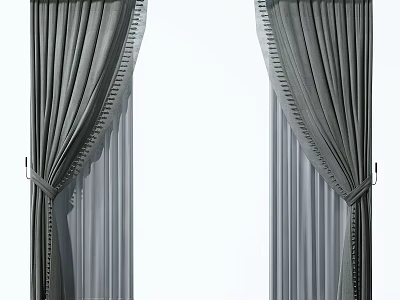 Elegant Gray Layered Curtains With Sheer Inner Layer And Decorative Trim Tied Sides 3d model