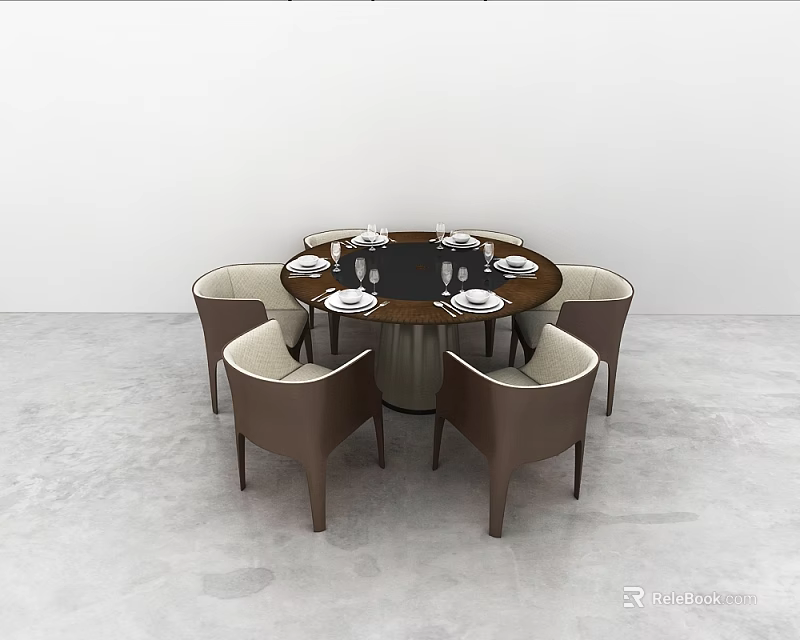 Modern Round Dining Table Set With Six Upholstered Chairs And Tableware 3d model