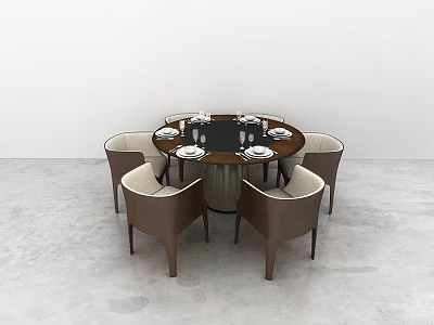 Modern Round Dining Table Set With Six Upholstered Chairs And Tableware 3d model