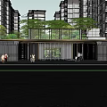 Residential Landscape View Through Window With Gold Frame Vertical Line Decor And Gray Walls