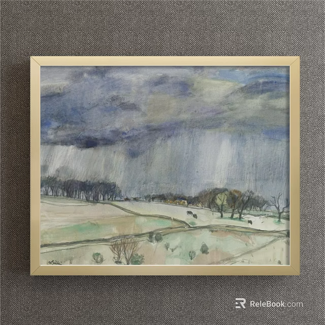 Rural Landscape Painting with Dark Clouds Rainfall Fields Trees and Cows 3d model 