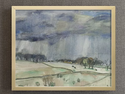 Rural Landscape Painting with Dark Clouds Rainfall Fields Trees and Cows 3d model
