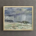 Rural Landscape Painting with Dark Clouds Rainfall Fields Trees and Cows