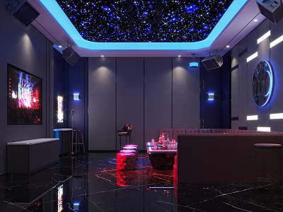 Luxury KTV Room With Starry Ceiling Blue Lighting Sofa TV Screen And Marble Floor 3d model