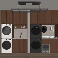 Modern Laundry Room With Wooden Cabinets Washing Machines Sink And Dryers