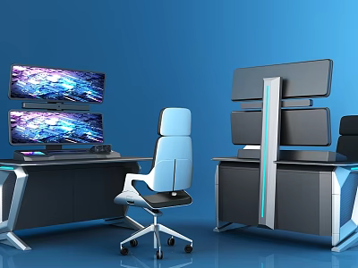 Modern Office Desk Setup With Multiple Monitors Ergonomic Chair And Blue Lighting Accents 3d model