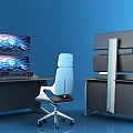 Modern Office Desk Setup With Multiple Monitors Ergonomic Chair And Blue Lighting Accents
