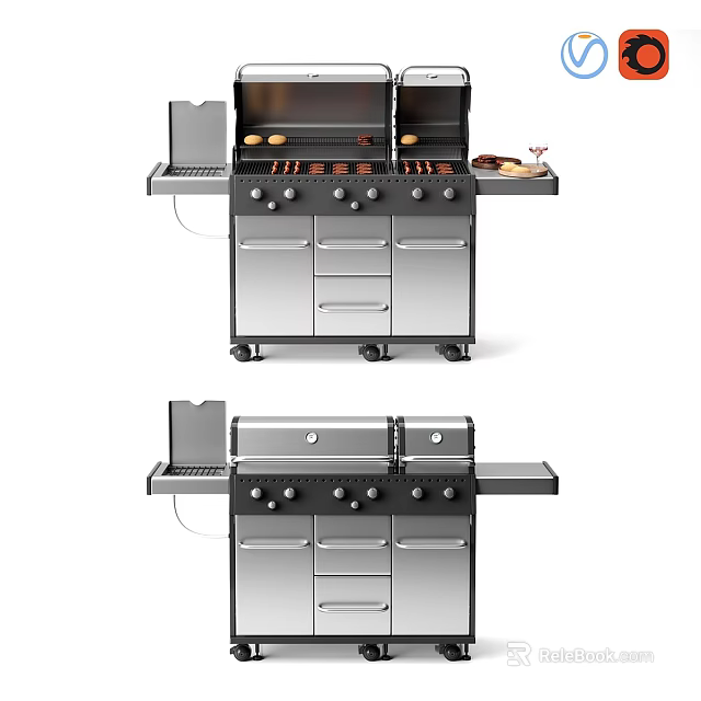 Stainless Steel Outdoor Grill Station With Side Shelf Drawers Control Knobs And Wheels 3d model 