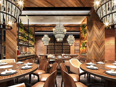 Elegant Restaurant Interior With Wooden Walls Chandeliers Leather Chairs And Dining Tables 3d model