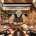 Elegant Restaurant Interior With Wooden Walls Chandeliers Leather Chairs And Dining Tables