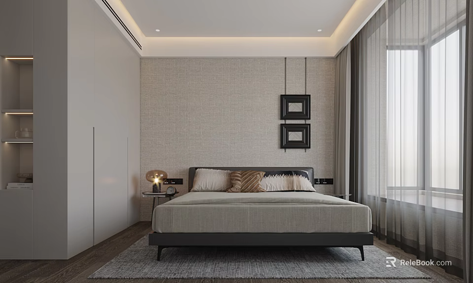 Modern Bedroom Interior Design With Bed Nightstand Table Lamp Framed Art And Curtains 3d model 