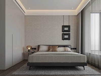 Modern Bedroom Interior Design With Bed Nightstand Table Lamp Framed Art And Curtains 3d model