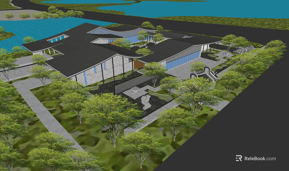 Modern Architectural Landscape With Green Trees Waterfront And Garden Design 3d model 