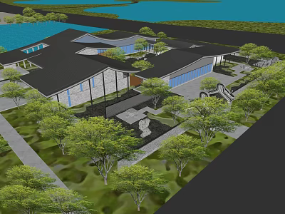 Modern Architectural Landscape With Green Trees Waterfront And Garden Design 3d model