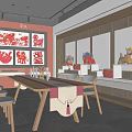 Traditional Cultural Interior Design With Paper Cuttings Display Cabinets And Wooden Tables