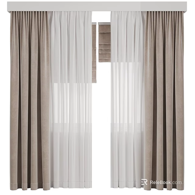 Double Layer Beige Thick And White Sheer Curtains For Modern Home Window Decor 3d model 