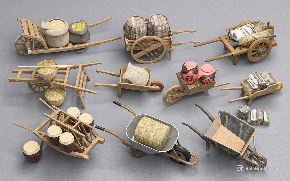 Rural Countryside Scene With Vintage Wooden Carts Barrels Hay Bales And Farm Tools 3d model 