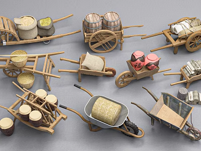 Rural Countryside Scene With Vintage Wooden Carts Barrels Hay Bales And Farm Tools 3d model