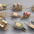Rural Countryside Scene With Vintage Wooden Carts Barrels Hay Bales And Farm Tools