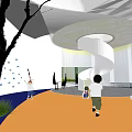 Modern Children's Play Area With Circular White Structure Green Plants And Water Feature
