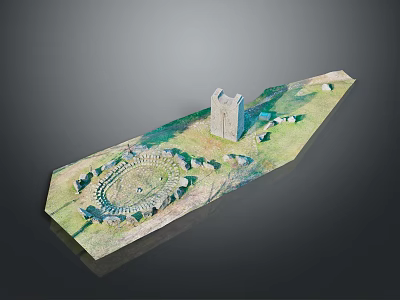 Detailed Ancient Ruins Model Featuring Circular Stone Structure Tower And Grassland 3d model