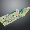 Detailed Ancient Ruins Model Featuring Circular Stone Structure Tower And Grassland