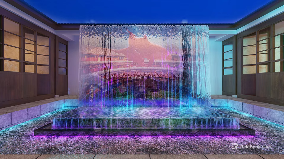 Cultural Center Showcasing Water Curtain Projection With Traditional Architecture And Colorful Lighting Effects 3d model 