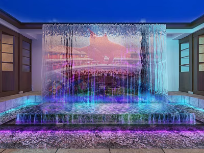 Cultural Center Showcasing Water Curtain Projection With Traditional Architecture And Colorful Lighting Effects 3d model