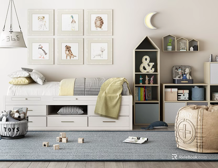 Cozy Kids Room With Animal Paintings Moon Decor Bed Bookshelf And Toys 3d model 