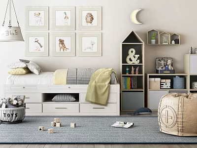 Cozy Kids Room With Animal Paintings Moon Decor Bed Bookshelf And Toys 3d model