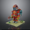 Pixel Art Firefighter Figure In Red Uniform With Helmet Hose And Axe