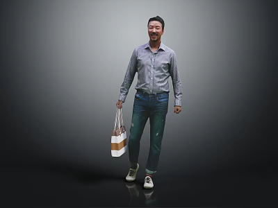 Man Wearing Striped Shirt And Jeans Holding Shopping Bag Smiling Against Gray Background Standing Naturally 3d model