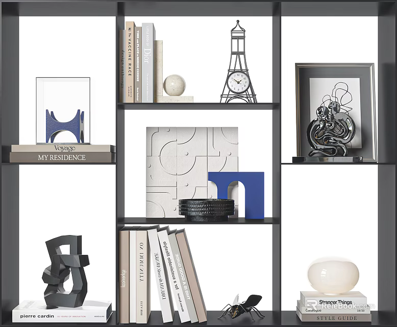 Modern Decorative Ornament Combination On Shelf With Sculpture Books Photo Frame And Geometric Shapes 3d model 