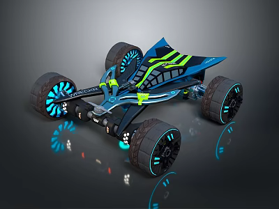 Futuristic Blue Off Road Car With Green Stripes Geometric Body And Illuminated Wheels 3d model