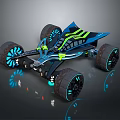Futuristic Blue Off Road Car With Green Stripes Geometric Body And Illuminated Wheels